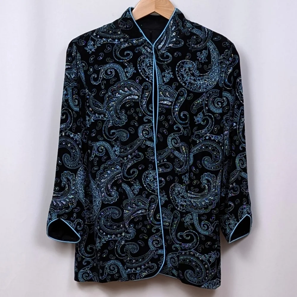 Alex Evenings Jacket & Sleeveless Top Paisley Sparkle Mandarin Collar Dressy XL